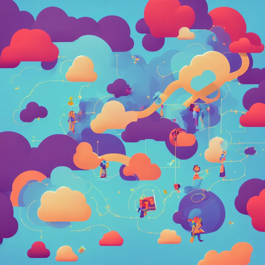 Image similar to a simple micro-service deployed to a public cloud, security, attack vector, trending on Artstation, painting by Jules Julien, Leslie David and Lisa Frank, muted colors with minimalism