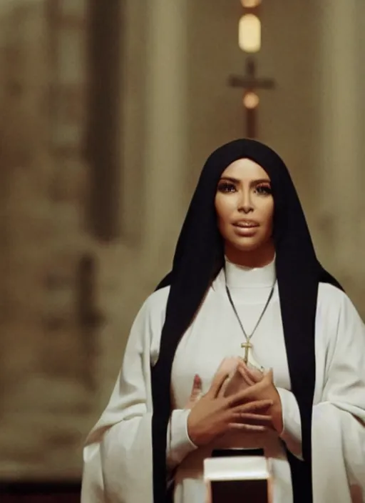 Image similar to a film still of kim kardashian as a nun with her bust slightly exposed. backround : church interior