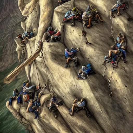 Prompt: groups of adventurer rock climbers climbing a giant ancient dragons skull, very detailed, fantasy art, dungeons and dragons, belaying, ropes, equipment, landscape, cover of national geographic