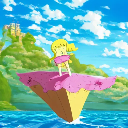 Prompt: Anime art, Cute anime girl riding a rock in bikini bottom, scene from spongebob