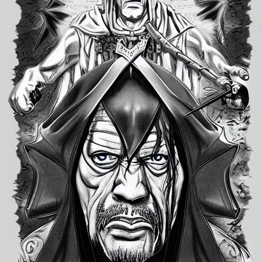 Image similar to Danny Trejo as church nun, dark fantasy, highly detailed, artstation, manga illustration by Kentaro Miura berserk