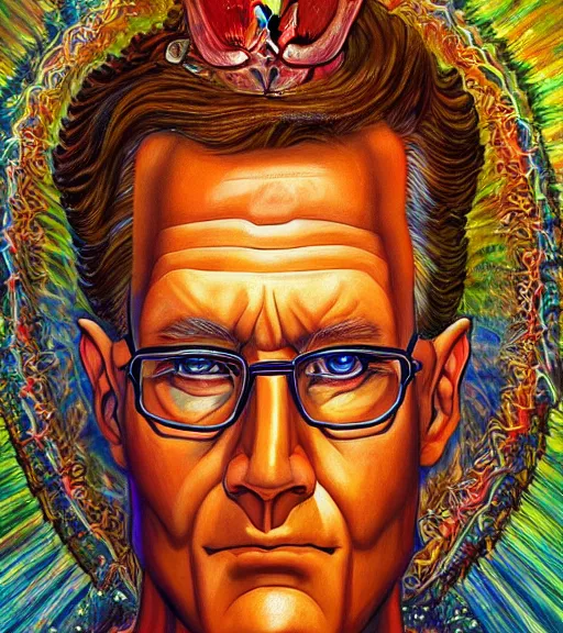 Prompt: symmetry, hank hill as the saint of propane, visionary art, art by mike judge, art by josephine wall, art by amanda sage, dramatic lighting, trending on artstation