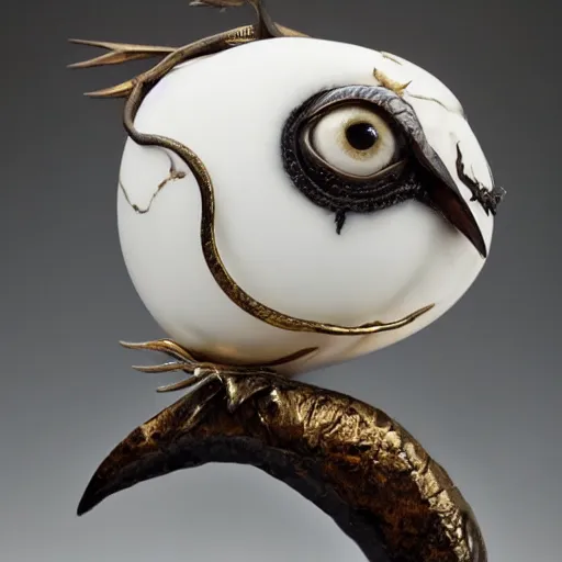 Image similar to eyeball with wings and fangs, white marble with gold accents, by ellen jewett