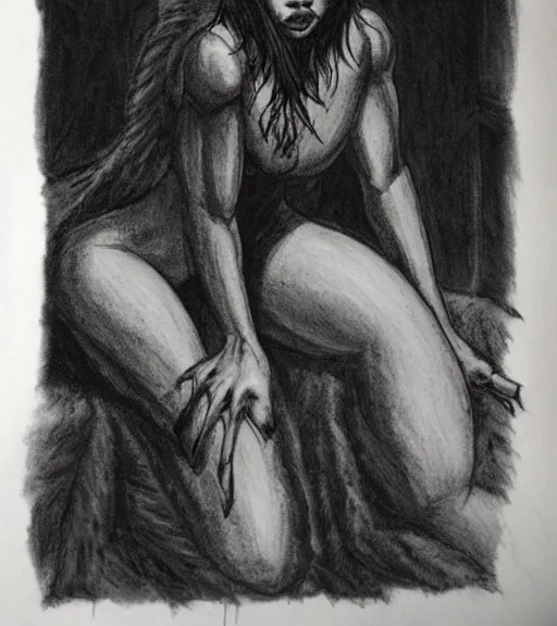 Prompt: werewolf girl in a dark bedroom, anthro, fierce, creepy