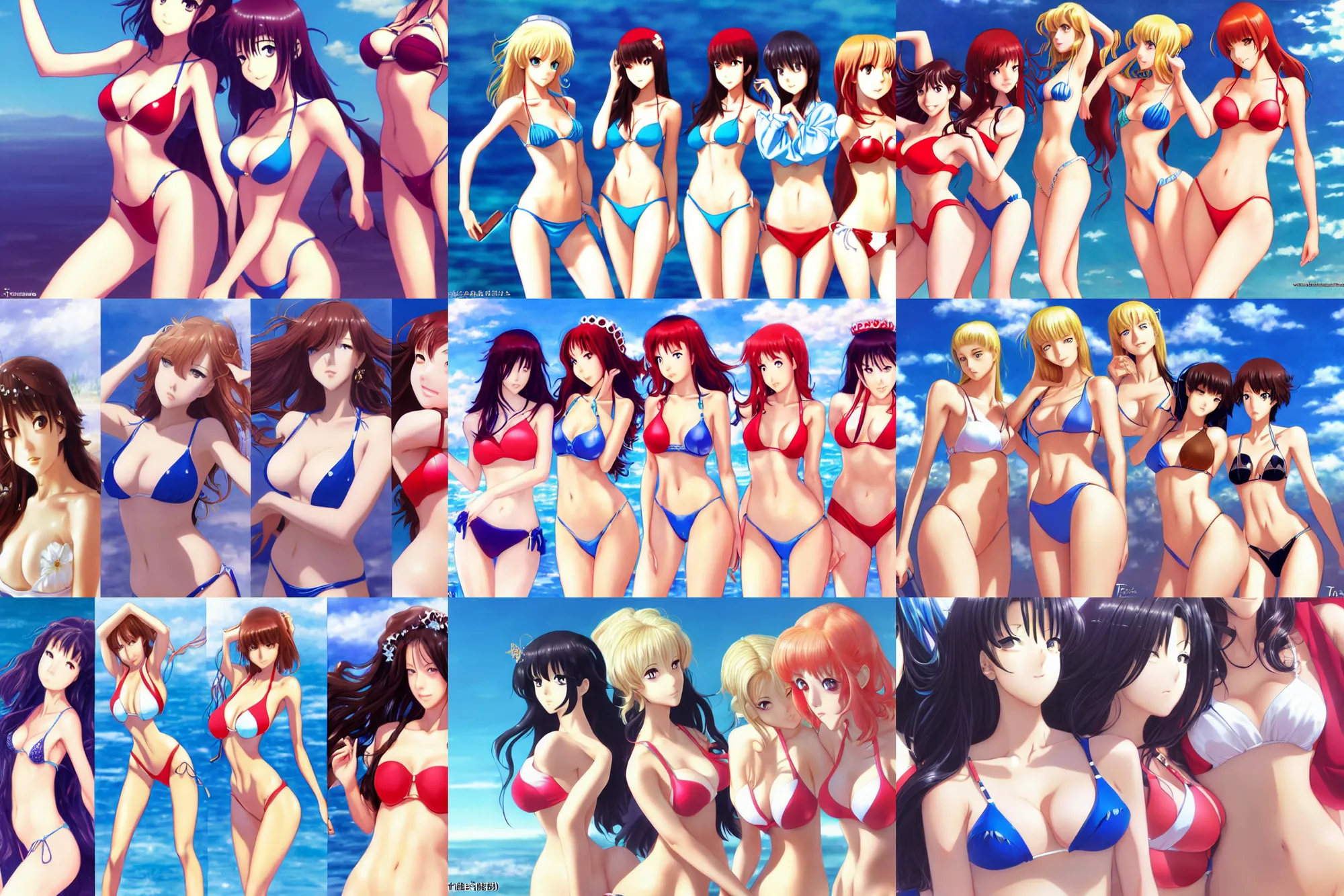 Prompt: close - up princesses posing together in bikini. by takashi takeuchi, yoshiyuki sadamoto, amagaitaro, makoto shinkai, krenz cushart, asao urata, pixiv