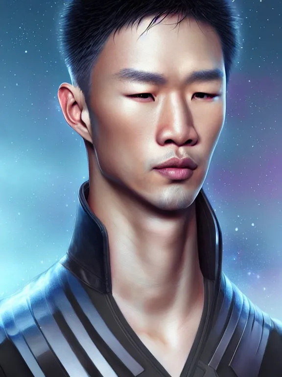 Prompt: epic professional digital airbrush art of male asian starship captain, by leesha hannigan, iris van herpen, joelle jones, artstation, cgsociety, wlop, epic, much wow, much detail, gorgeous, detailed, cinematic, masterpiece