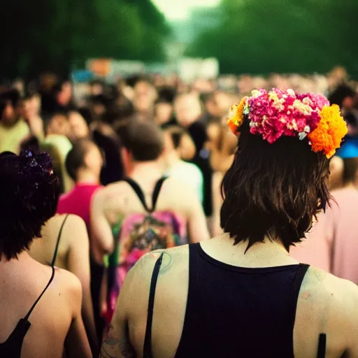 Prompt: kodak portra 4 0 0 photograph of a skinny goth guy standing in a crowd, back view, flower crown, moody lighting, telephoto, 9 0 s vibe, blurry background, vaporwave colors, faded!,