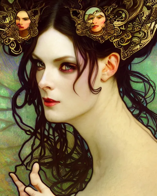 Image similar to wlop and alfons mucha detailed portrait digital rococo painting of a beautiful serious cat wearing fantasy clothing like liliana vess, villainess has black angel wings, evil mood, hellish battlefield in the background, unreal engine, embers flying, hyper realism, realistic shading, cinematic composition, blender render, octane render, ultrawide shot