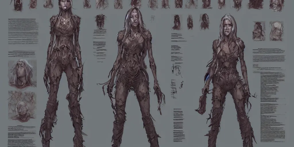 Image similar to lost woman horror design, character sheet, Moebius, Greg Rutkowski, Zabrocki, Karlkka, Jayison Devadas, Phuoc Quan, trending on Artstation, 8K, ultra wide angle, zenith view, pincushion lens effect