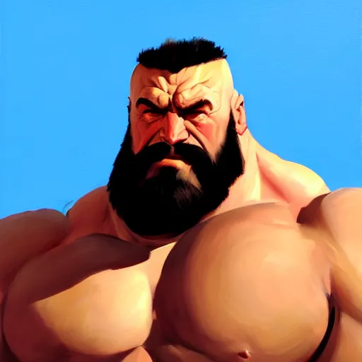 Image similar to Greg Manchess portrait painting of Zangief as Overwatch character, medium shot, asymmetrical, profile picture, Organic Painting, sunny day, Matte Painting, bold shapes, hard edges, street art, trending on artstation, by Huang Guangjian and Gil Elvgren and Sachin Teng