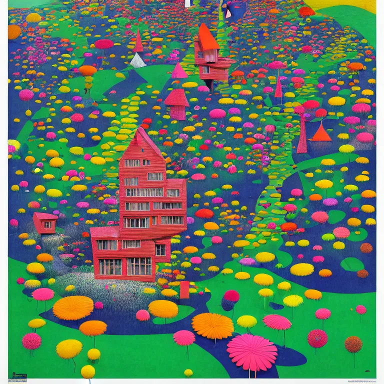 Image similar to surreal summer morning!! gediminas pranckevicius!! a happy house by made of flowers kengo kuma, art by malevich, very coherent, sharp, colorful high contrast, dark shadows, hard lighting, floralpunk flower garden, inking etching screen print paper cutout collage