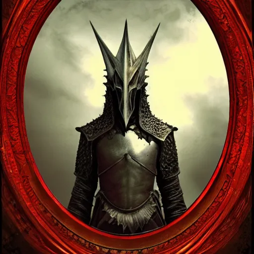 Image similar to the witch-king of angmar, portrait standing in a blood red pool of water between a golden mirror frame, outside is space and inside the mirror frame is a beautiful landscape., physically accurate, dynamic lighting, intricate, elegant, highly detailed, very very Roberto Ferri, sharp focus, illustration, art