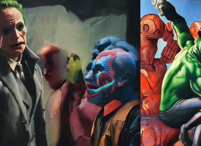 Image similar to a still from the movie avengers : infinty war, a still from the film joker in style of francis bacon and norman rockwell and james jean, a still from the movie the godfather, and mark brooks, triadic color scheme, by greg rutkowski, syd mead and edward hopper and norman rockwell and beksinski, dark surrealism