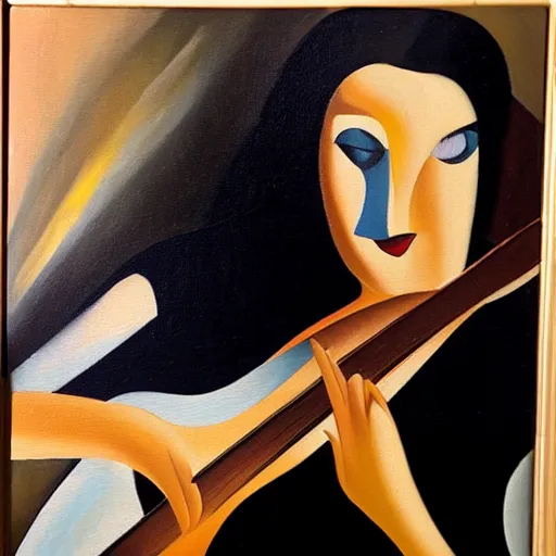 Prompt: goth girl playing electric guitar at dusk, oil painting by Tamara de Lempicka, masterpiece