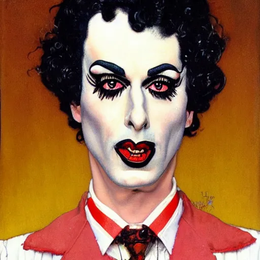 Prompt: frontal portrait of dr. frank - n - furter. a portrait by norman rockwell.