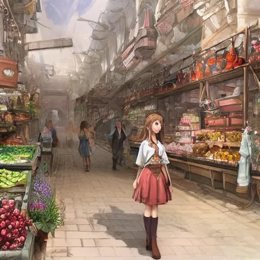 Image similar to concept art of aerith gainsborough in wall market of don corneo, highly detailed, trending on artstation