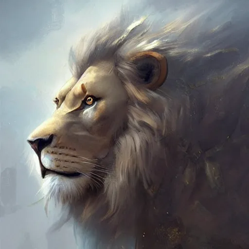 Image similar to A portrait of anthropomorphized Lion, muscular, fantasy art, art by greg rutkowski, matte painting, trending on artstation