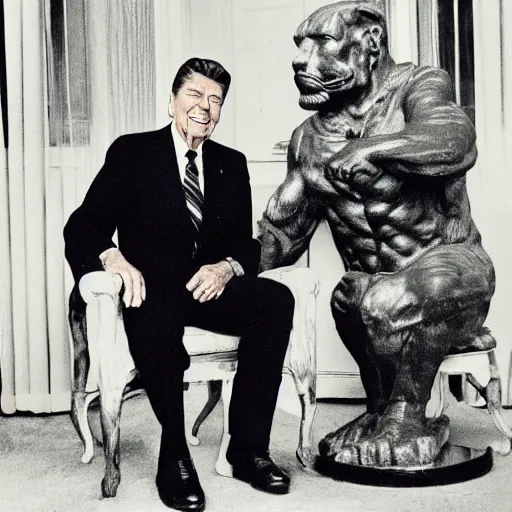 Image similar to [ ronald reagan sitting in chair... tiger lying at his feet ]