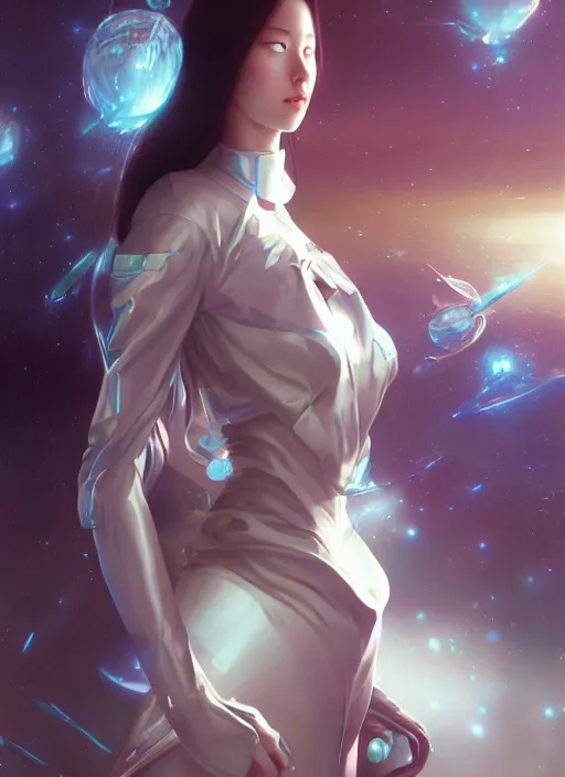 Image similar to close-up upper body shot of a beautiful Japanese female teen in sumptuous futuristic slim dress, scifi spacetation, unrealistic, unreal engine, by Peter mohrbacher and Boris Vallejo, artstation, award winning