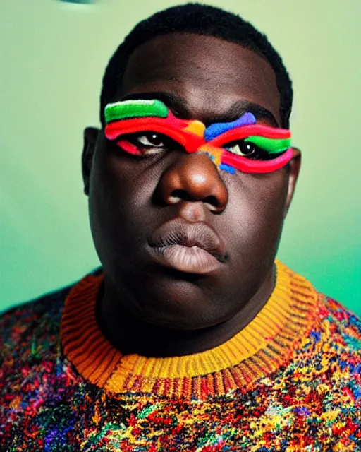 Image similar to headshot of the notorious big, wearing a colorful coogi sweater, and black jeans, photoshoot in the style of annie leibovitz, studio lighting, soft focus, bokeh