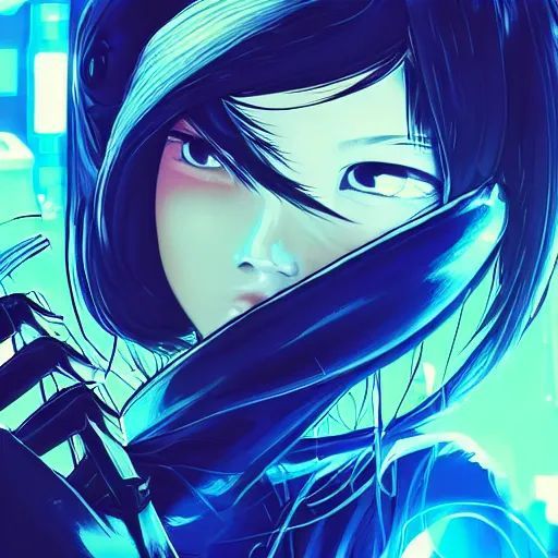 Image similar to Frequency indie album cover, luxury advertisement, blue filter, blue and black colors. Clean and detailed post-cyberpunk sci-fi close-up schoolgirl in asian city in style of cytus and deemo, blue flame, relaxing, calm and mysterious vibes, by Tsutomu Nihei, by Yoshitoshi ABe, by Ilya Kuvshinov, by Greg Tocchini, nier:automata, set in half-life 2, Matrix, GITS, Blade Runner, Neotokyo Source, Syndicate(2012), dynamic composition, beautiful with eerie vibes, very inspirational, very stylish, with gradients, surrealistic, dystopia, postapocalyptic vibes, depth of field, mist, rich cinematic atmosphere, perfect digital art, mystical journey in strange world, beautiful dramatic dark moody tones and studio lighting, shadows, bastion game, arthouse