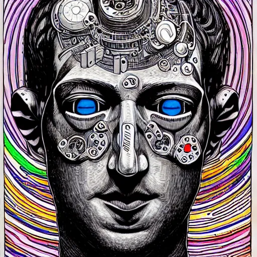 Image similar to the inner robotic self of mark zuckerberg, clockwork engine, psychedelic, lsd, spiritual, mystical, epic beautifully detailed pen, ink and copic markers drawing by milo manara