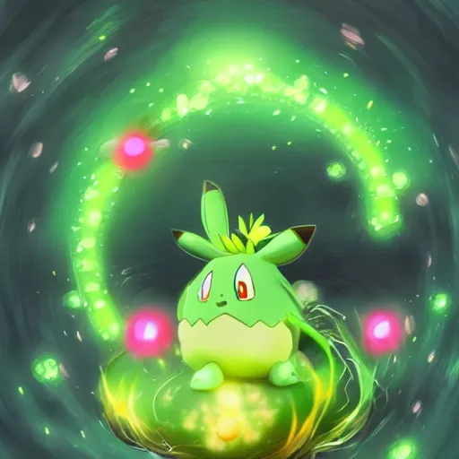 Image similar to shiny Hoppip pokemon floating in the air in a surrealistic fantasy world, pokemon, anime, digital art, nintendo