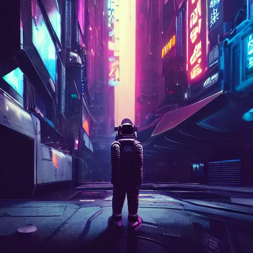 Image similar to professional photo of astronaut looking in the camera from low angle shot, cyberpunk background, blade runner, hyperrealistic masterpiece, trending on artstation, cgsociety, kodakchrome, golden ratio, cinematic, composition, beautiful lighting, hyper detailed, sharp focus, octane render, 4 k, unreal engine