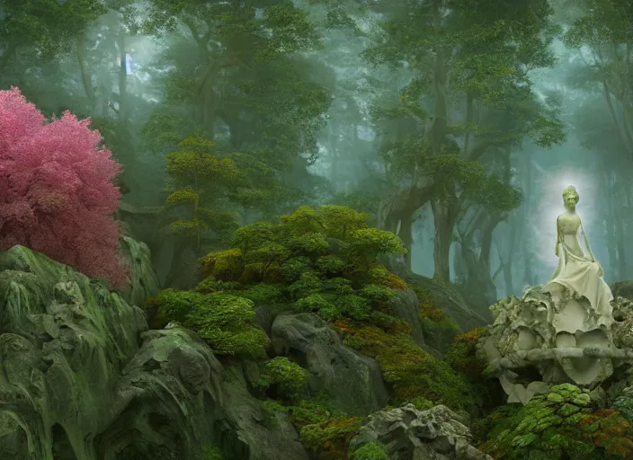 Image similar to a portrait of idealistic marble statue with fractal flowery hair and fair porcelain face and green eyes, in a magical forest, painted by, mc escher, gordon onslow ford, georgia o'keeffe and ivan aivazovsky, cinematic light, god rays, colourful, unreal engine, zbrush central,