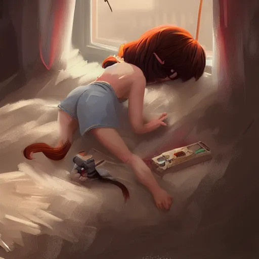 Prompt: a girl is lying on the bed and playing with her mobile phone, a ragdoll cat is lying on the side, characterized by roman shipunov, etienne hebinger, atey ghailan, cgsociety, fantasy art, 2 d game art