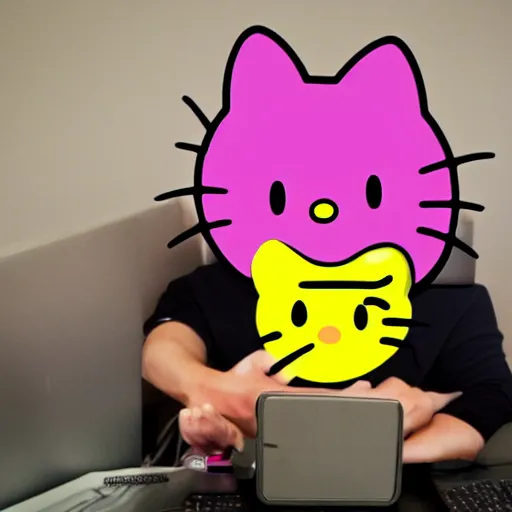 Image similar to Stock photo of a human burglar wearing a ski mask hacking into a pink Hello Kitty computer, funny, bizzare