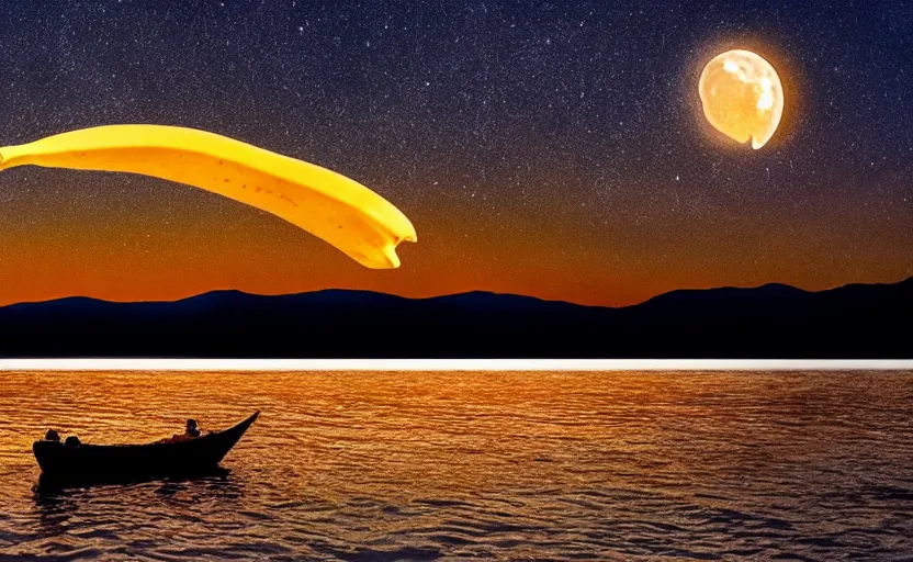 Prompt: a banana shaped crescent moon rising over a lake, stunning photography