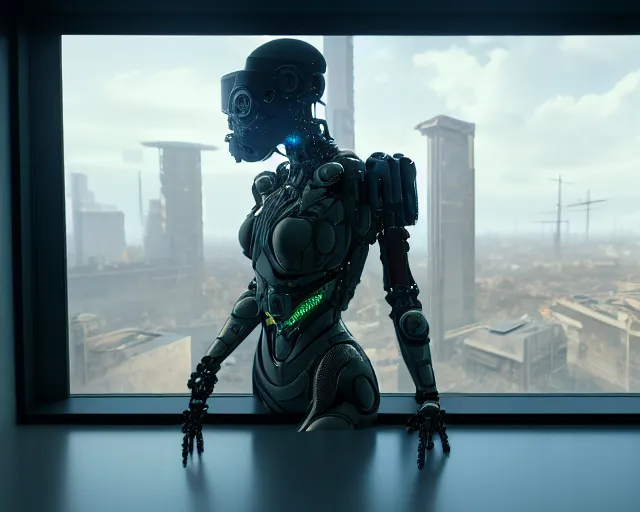 Image similar to armored female with biomechanical cybernetic body is drinking coffee near a window with dystopian city visible outside. very detailed 8 k. cyberpunk fantasy style. unreal engine render. global illumination. nanite. rtx. path tracing.