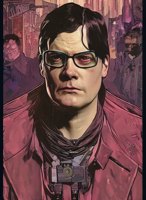 Image similar to cyberpunk dwight schrute. portrait by ashley wood and alphonse mucha and laurie greasley and josan gonzalez and james gurney. spliner cell, apex legends, rb 6 s, hl 2, d & d, cyberpunk 2 0 7 7. realistic face. vivid color. dystopian setting.