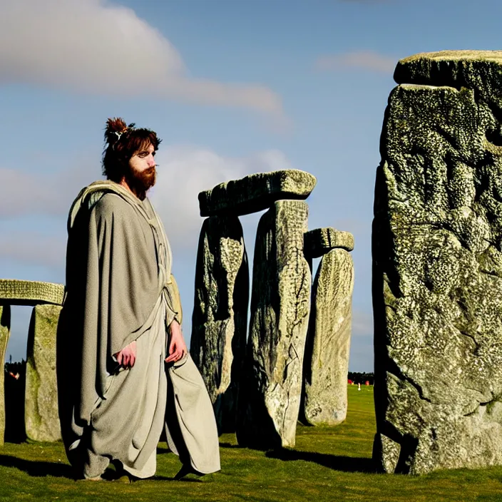 Image similar to photograph of a real-life beautiful druid with ornate robes at stonehenge . Extremely detailed. 8k