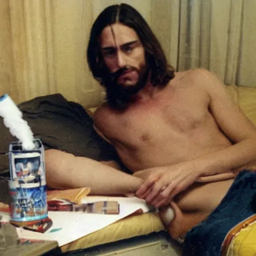 Image similar to jesus christ smoking bong in college dorm