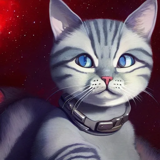 Prompt: A space realistic cat with big and cute eyes, fine-face, realistic shaded perfect face, fine details. realistic shaded lighting poster by Ilya Kuvshinov katsuhiro otomo ghost-in-the-shell, magali villeneuve, artgerm, Jeremy Lipkin and Michael Garmash, Rob Rey and Kentarõ Miura style, trending on art station