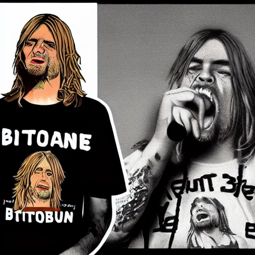 Prompt: kurt cobain wearing a bitcoin t - shirt screaming angrily, arguing, concept art, incredible detail, photorealistic, caricature