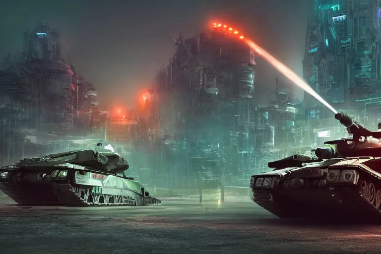 Prompt: large futuristic tank with 3 turrets taking over a futuristic city on fire, night, fog, thunder, rain, cinematic, volumetric lighting, f 8 aperture, cinematic eastman 5 3 8 4 film, photorealistic