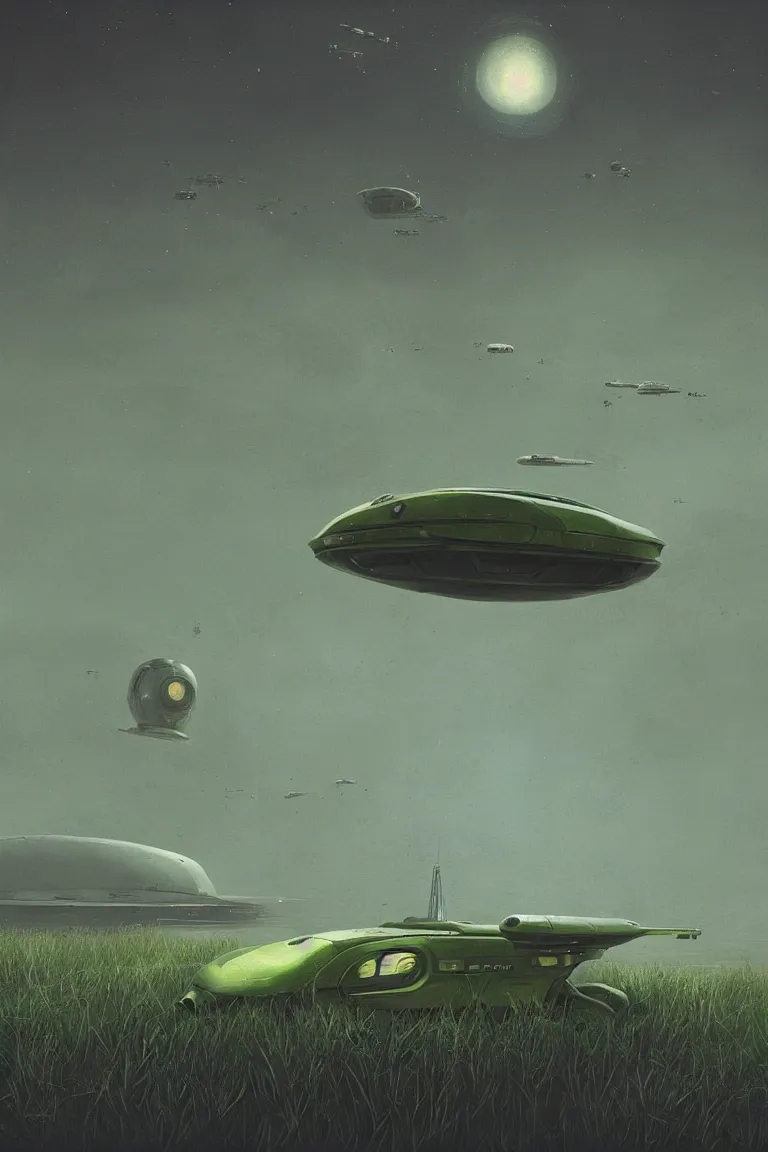 Prompt: spaceship designed by frogs, olive green spaceship over a marsh, sci - fi concept art, by simon stalenhag, stunning, award winning