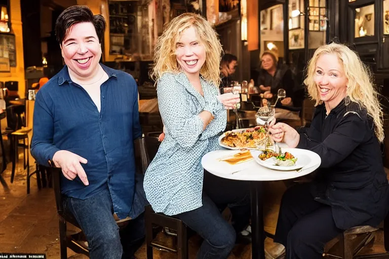 Image similar to portait of michael mcintyre and middle aged blonde woman with short hair and a blonde woman with long hair having dinner at sunday in brooklyn restaurant