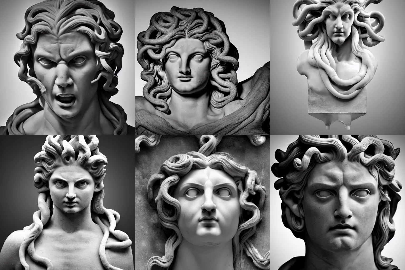 Prompt: angry medusa head marble statue hard light black and white photo