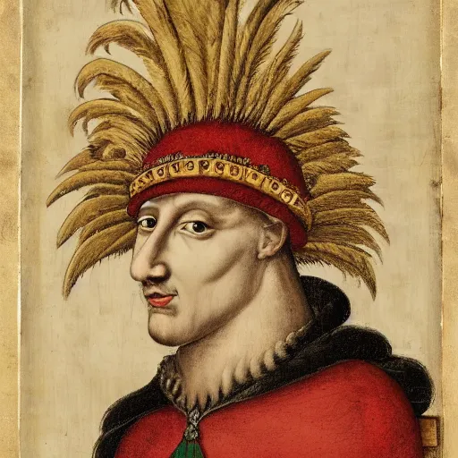 Prompt: a renaissance style portrait of a rooster (Gallus domesticus) wearing a crown and a cape, dark background