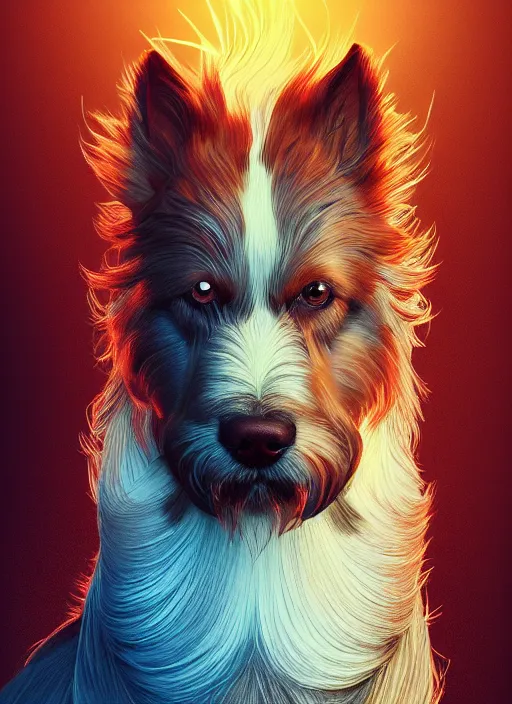 Image similar to beautiful illustration of a dog, gorgeous, amazing, flowing hair, muscular, very muscular male body, in the style abigail larsonand and sam guay, rim light, beautiful lighting, 8 k, stunning scene, octane, trending on artstation