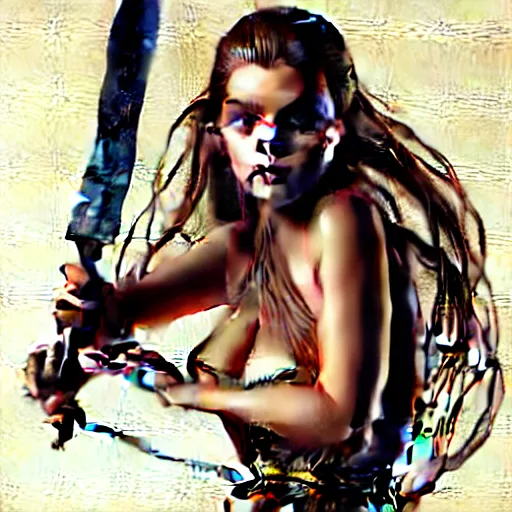 Prompt: barbara palvin supermodel posing as an amazon holding a sword, volcanic background, art by peter lloyd, 1 9 8 0's art, retro art, airbrush style, art by hajime sorayama,, intricate, elegant, sharp focus, illustration, highly detailed, concept art, matte, sharp focus, art by peter palombi, charles e. white