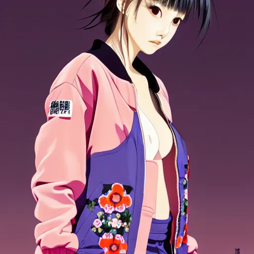 Image similar to a beautiful japanese natalie portman gravure model, wearing oversized native designer bomber jacket and leotard with overalls, bulky poofy bomber jacket with mesoamerican patterns, mesoamerican native street fashion, gapmoe yandere grimdark, trending on pixiv fanbox, painted by greg rutkowski makoto shinkai takashi takeuchi studio ghibli, akihiko yoshida