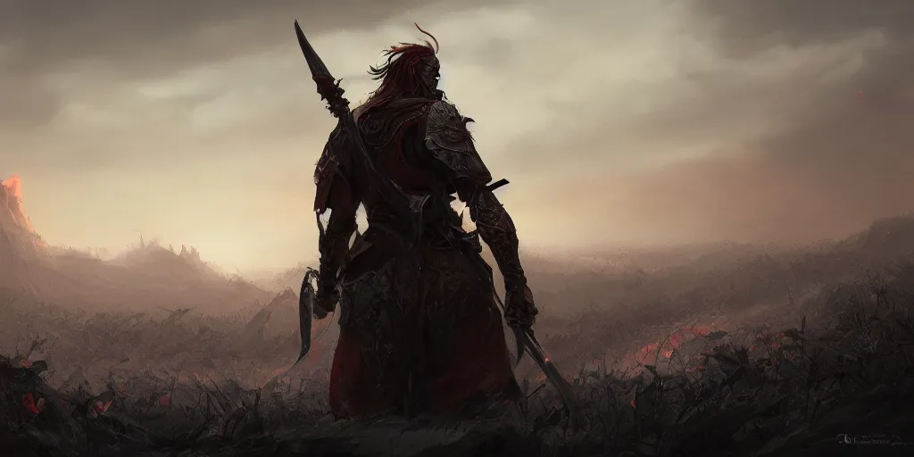 Prompt: lone king clutching sword as he kneels while looking on in a decrepit battlefield underneath a crimson sky, fantasy art, hyperdetailed, artstation, cgsociety