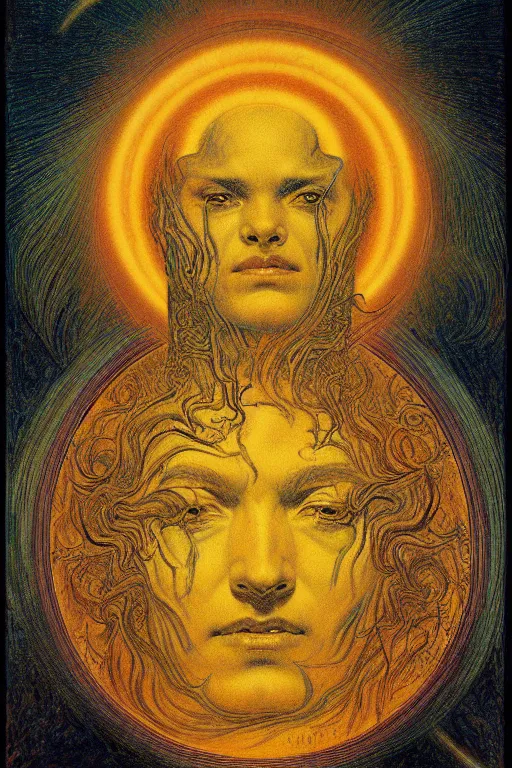 Image similar to the face of the black hole sun, in the style of gustav moreau, jean delville,  Gaston Bussiere and wayne barlowe composition by austin osman spare