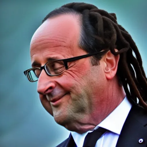 Image similar to photo of François Hollande with short dreadlocks in the style of Tahiti Bob, lots of short dreadlocks on the head, short dreadlocks with beads