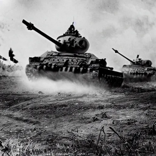 Image similar to black and white photo Dragons in Battle of Kursk WWII, dragons flying, tanks